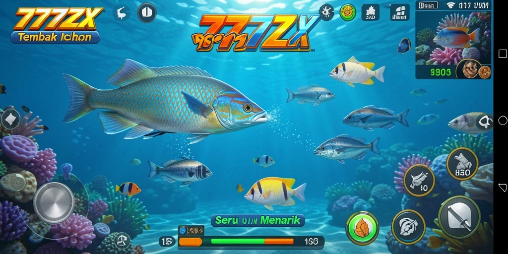 Screenshot gameplay 777ZX yang menunjukkan aksi menembak ikan.