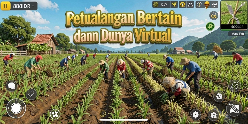 Screenshot gameplay 888IDR menampilkan pertanian yang subur dan hewan ternak.
