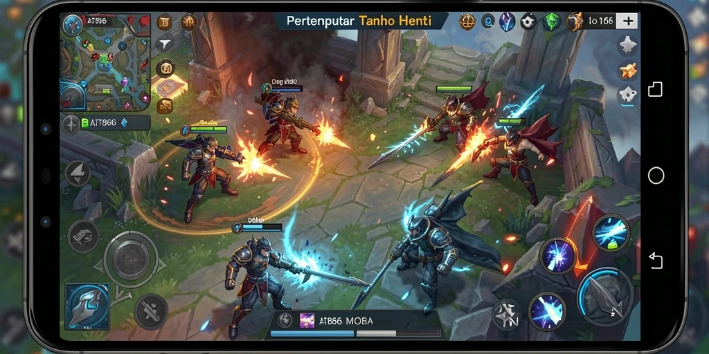 Gambaran seru permainan MOBA dengan aksi intens dan strategi tim.