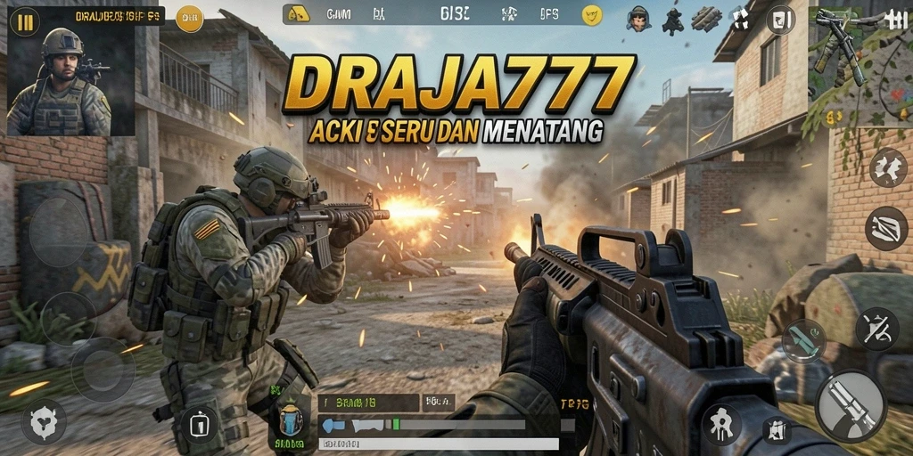 Tangkapan layar gameplay DRAJA777 yang mendebarkan di arena pertempuran FPS.