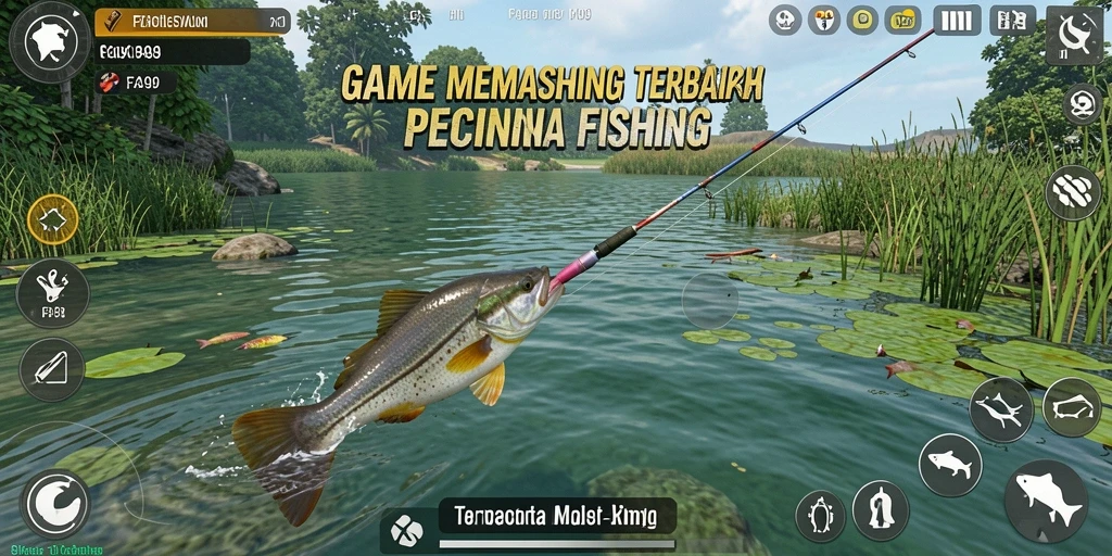 Screenshot menampilkan aksi memancing yang seru dalam lingkungan yang indah.