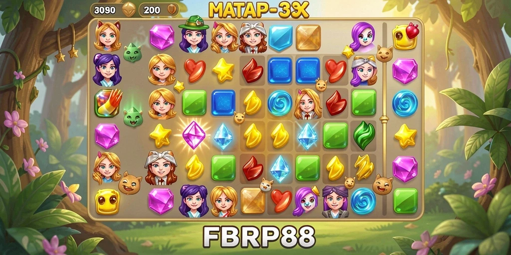 Screenshot FBRP88 menunjukkan kombinasi permata yang menarik dalam gameplay Match-3.