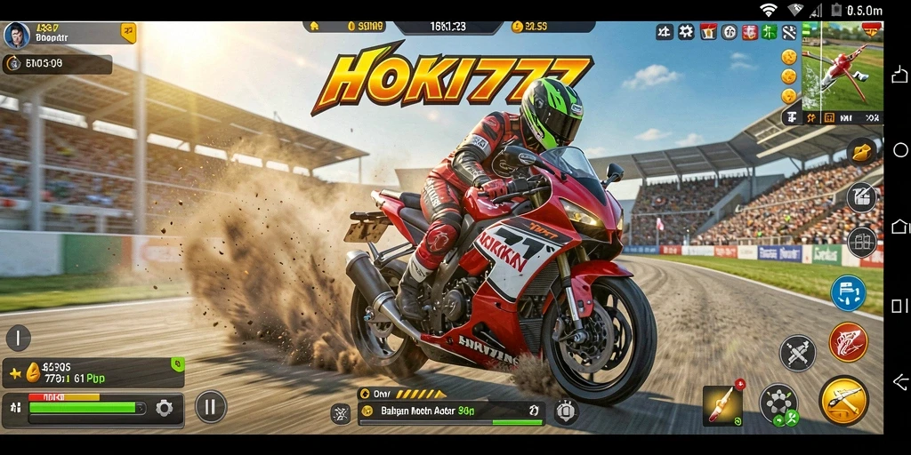 Gameplay seru dalam HOKI777 dengan balapan motor yang cepat.