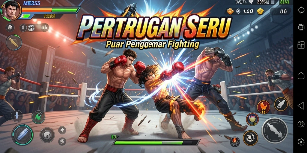 Screenshot gameplay ME355 menampilkan pertarungan seru antar karakter dengan efek visual yang menarik.