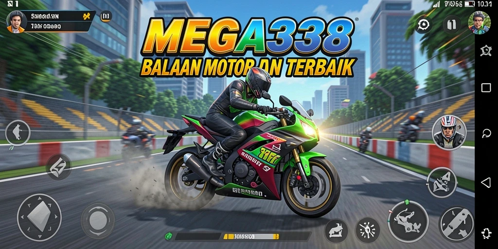 Screenshot utama MEGA338 menampilkan balapan motor yang mendebarkan.