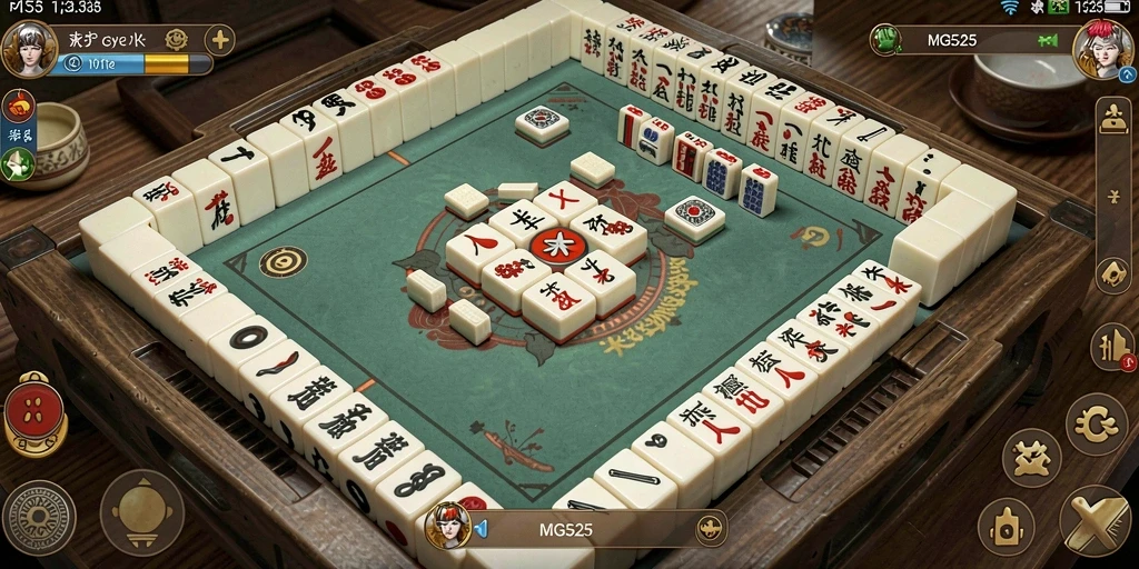 Screenshot gameplay MG525 menampilkan suasana permainan Mahjong yang menarik.