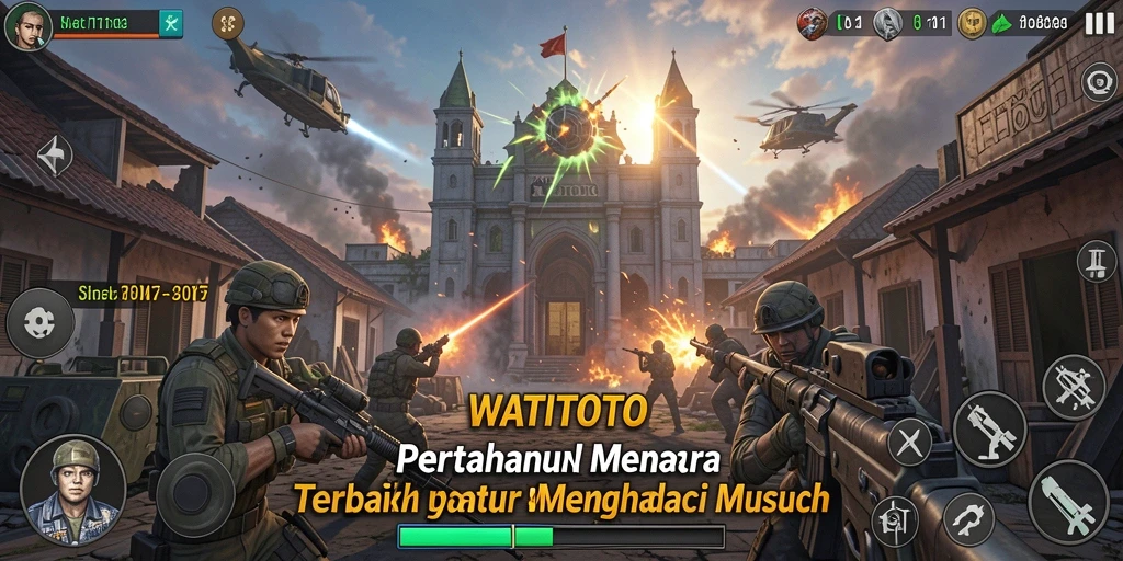 Screenshot utama WATITOTO menampilkan pertarungan menara melawan gelombang musuh.